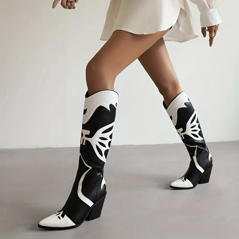 Women's Stylish Printed Chunky Heel Boots, Fashion Pointed Toe Western Boots, Women's Retro Boots