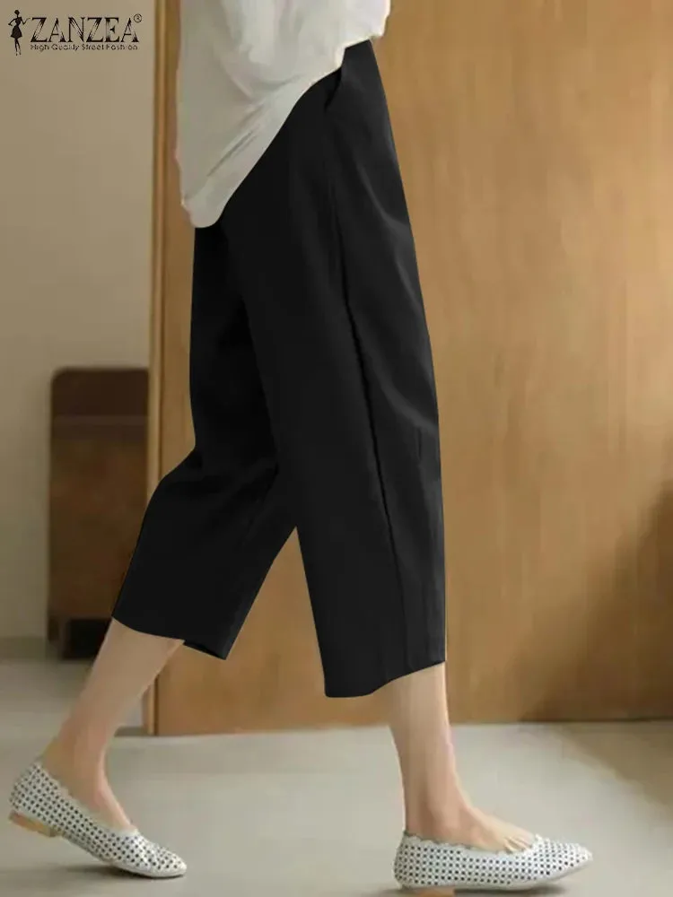 ZANZEA Korean Pleating Pant Holiday Women Cropped Pants Casual Loose Solid Color Trousers 2024 Summer Female Carrot Pantalones