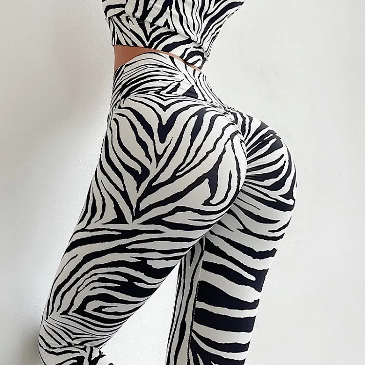 Zebra Printed Activewear Set with Padded One Shoulder Top and Ruching Pants